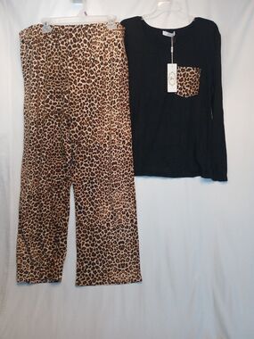 Leopard Print & Black Knit Long Sleeve Top & Wide Leg Pant 2 Piece Set 2X New!